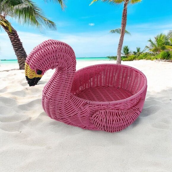 Flamingo Shaped Wicker Serving Basket Resin Planter Decor - Picture 1 of 11